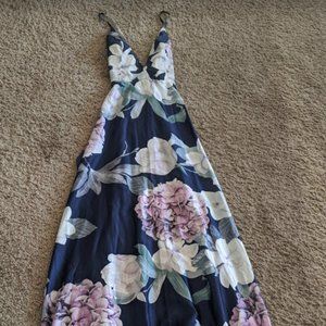 Blue Floral Satin Strappy Maxi Dress